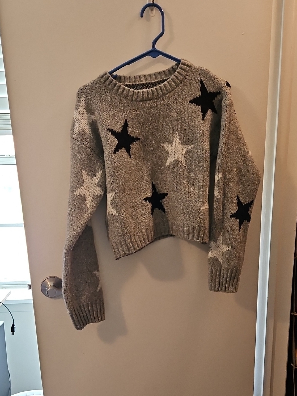SO Gray Crewneck Sweater with Black and White Star Pattern